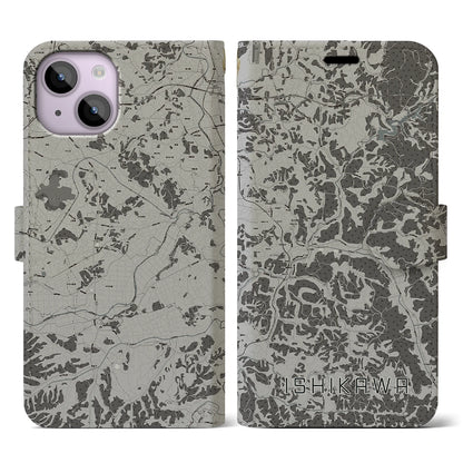 【石川（福島県）】地図柄iPhoneケース（手帳タイプ）モノトーン・iPhone 14 用