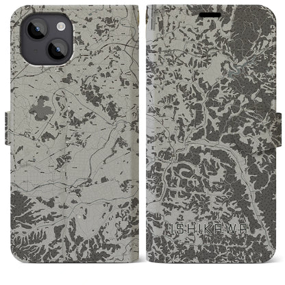 【石川（福島県）】地図柄iPhoneケース（手帳タイプ）モノトーン・iPhone 14 Plus 用