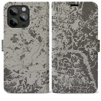 【石川（福島県）】地図柄iPhoneケース（手帳タイプ）モノトーン・iPhone 15 Pro Max 用