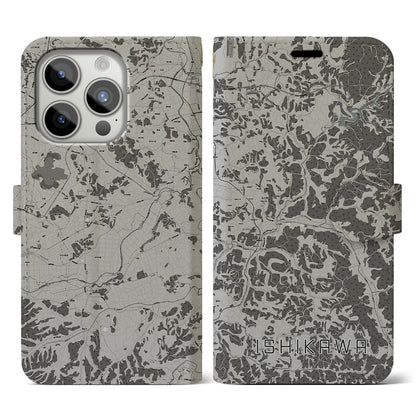 【石川（福島県）】地図柄iPhoneケース（手帳タイプ）モノトーン・iPhone 15 Pro 用