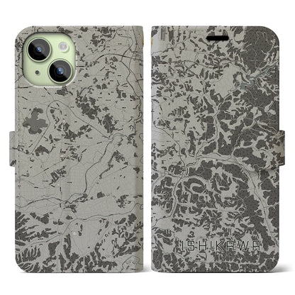 【石川（福島県）】地図柄iPhoneケース（手帳タイプ）モノトーン・iPhone 15 用