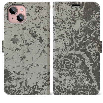 【石川（福島県）】地図柄iPhoneケース（手帳タイプ）モノトーン・iPhone 15 Plus 用