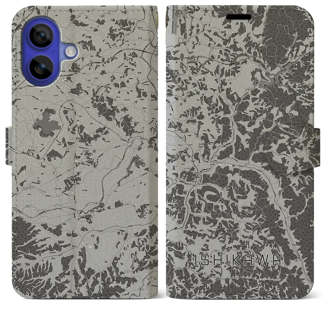 【石川(福島県)】地図柄iPhoneケース(手帳タイプ)モノトーン・iPhone 16 Pro Max 用