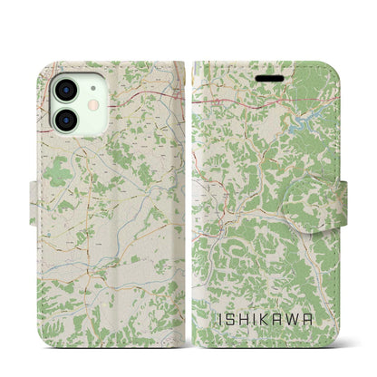 【石川（福島県）】地図柄iPhoneケース（手帳タイプ）ナチュラル・iPhone 12 mini 用