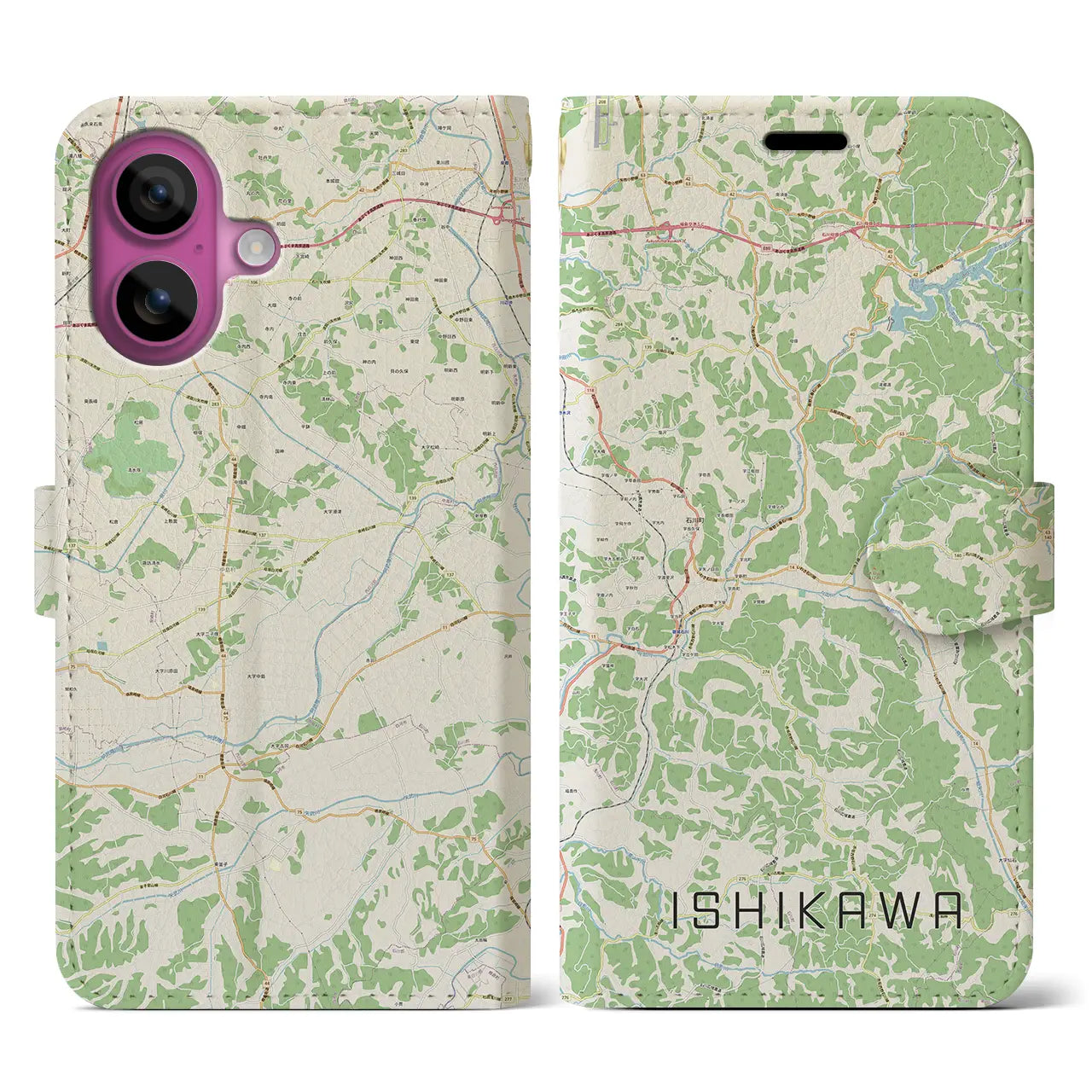 【石川（福島県）】地図柄iPhoneケース（手帳タイプ）ナチュラル・iPhone 16 Pro 用