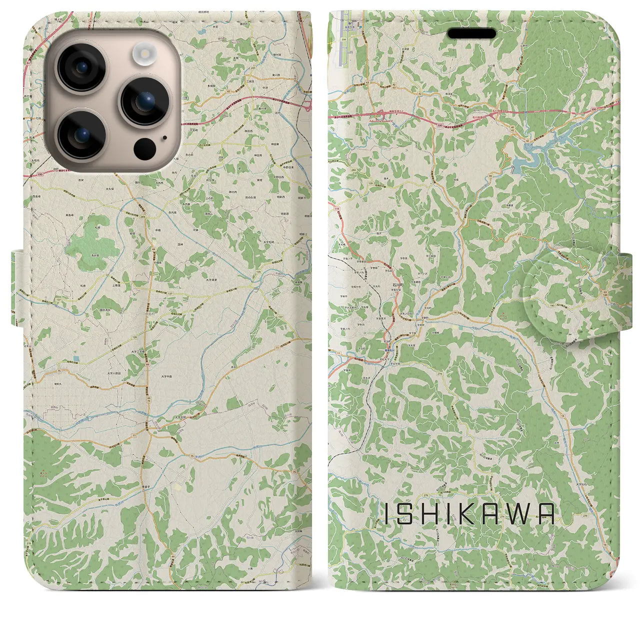 【石川（福島県）】地図柄iPhoneケース（手帳タイプ）ナチュラル・iPhone 16 Plus 用