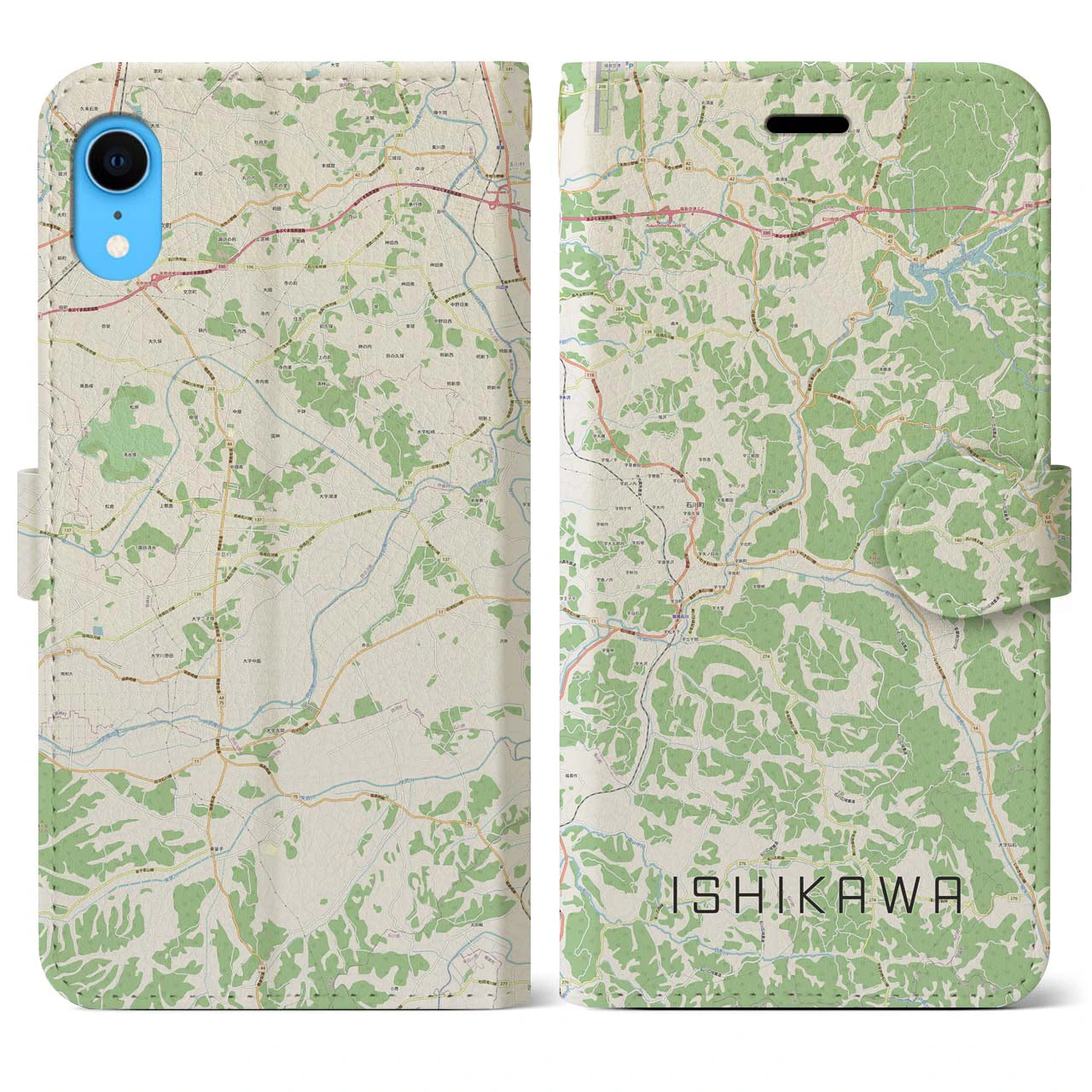 【石川（福島県）】地図柄iPhoneケース（手帳タイプ）ナチュラル・iPhone XR 用