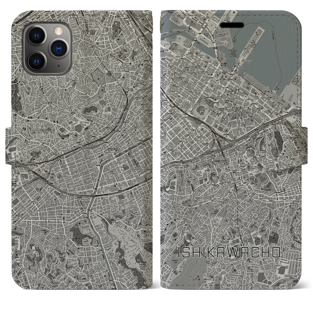【石川町】地図柄iPhoneケース（手帳両面タイプ・モノトーン）iPhone 11 Pro Max 用