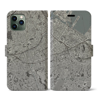 【石川町（神奈川県）】地図柄iPhoneケース（手帳タイプ）モノトーン・iPhone 11 Pro 用