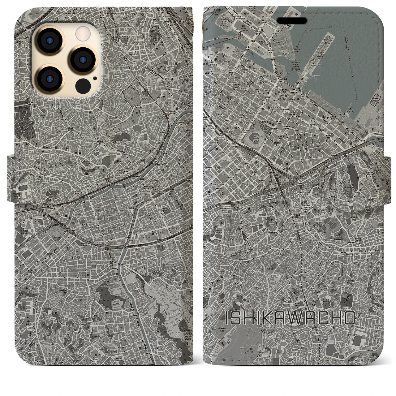 【石川町】地図柄iPhoneケース（手帳両面タイプ・モノトーン）iPhone 12 Pro Max 用