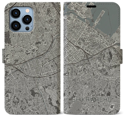 【石川町（神奈川県）】地図柄iPhoneケース（手帳タイプ）モノトーン・iPhone 13 Pro Max 用