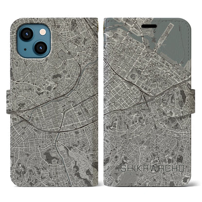 【石川町（神奈川県）】地図柄iPhoneケース（手帳タイプ）モノトーン・iPhone 13 用