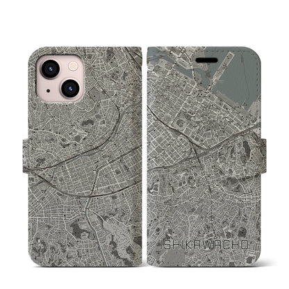 【石川町（神奈川県）】地図柄iPhoneケース（手帳タイプ）モノトーン・iPhone 13 mini 用