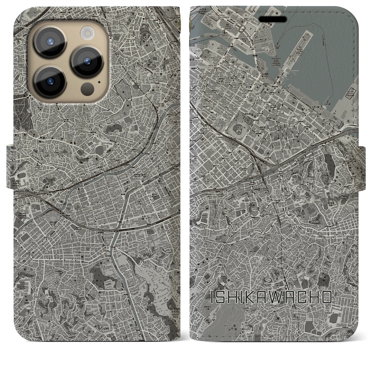 【石川町】地図柄iPhoneケース（手帳両面タイプ・モノトーン）iPhone 14 Pro Max 用