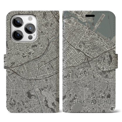 【石川町（神奈川県）】地図柄iPhoneケース（手帳タイプ）モノトーン・iPhone 14 Pro 用