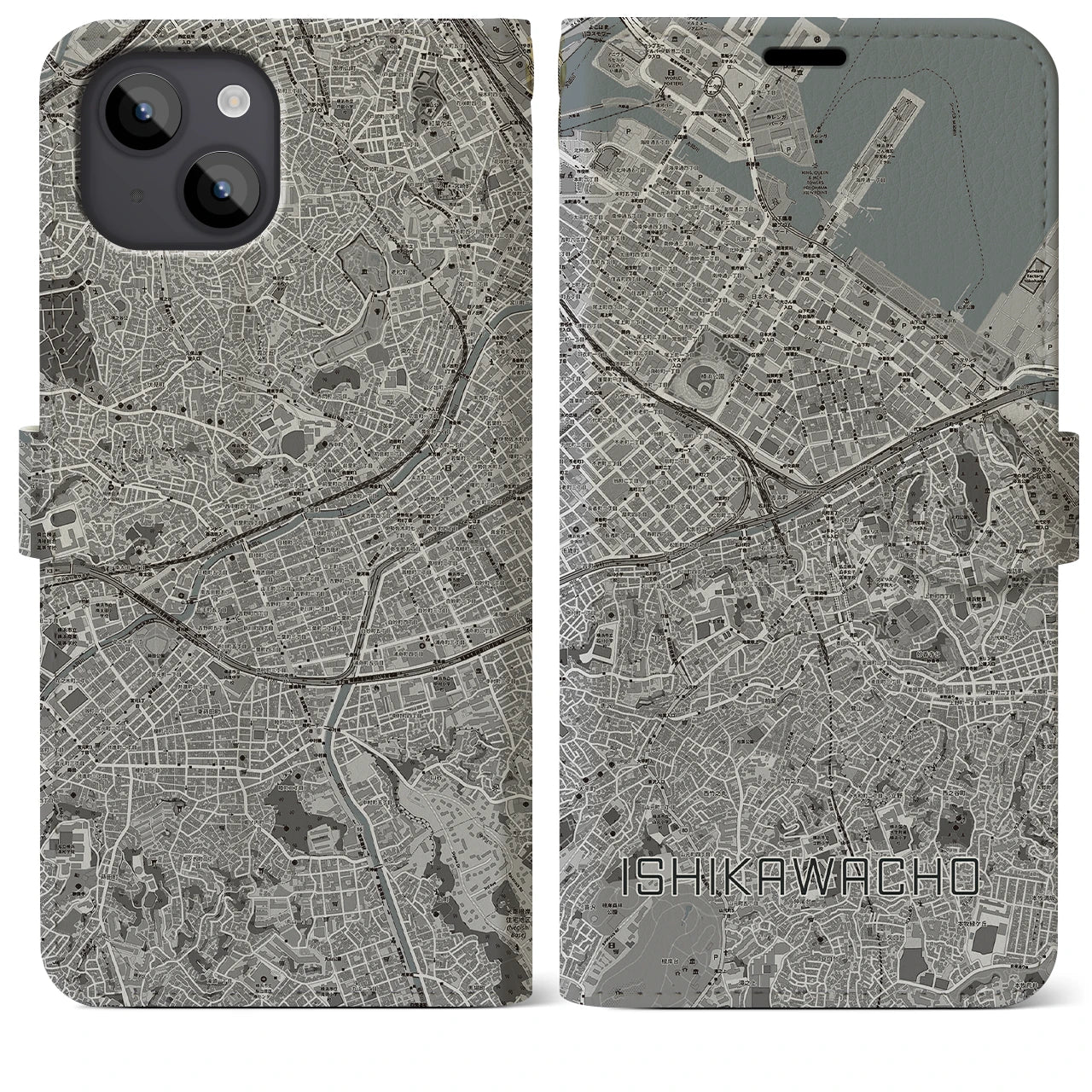 【石川町】地図柄iPhoneケース（手帳両面タイプ・モノトーン）iPhone 14 Plus 用