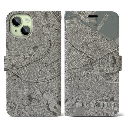 【石川町（神奈川県）】地図柄iPhoneケース（手帳タイプ）モノトーン・iPhone 15 用