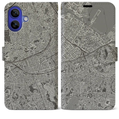 【石川町（神奈川県）】地図柄iPhoneケース（手帳タイプ）モノトーン・iPhone 16 Pro Max 用