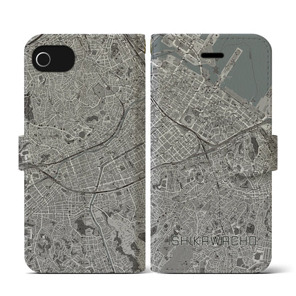 【石川町（神奈川県）】地図柄iPhoneケース（手帳タイプ）モノトーン・iPhone SE（第3 / 第2世代） / 8 / 7 / 6s / 6 用