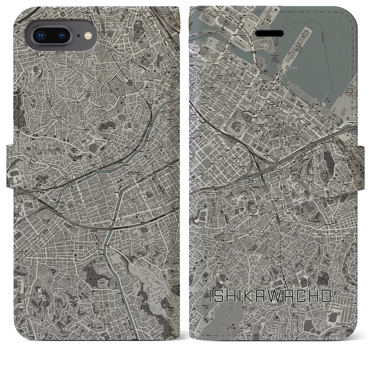 【石川町】地図柄iPhoneケース（手帳両面タイプ・モノトーン）iPhone 8Plus /7Plus / 6sPlus / 6Plus 用