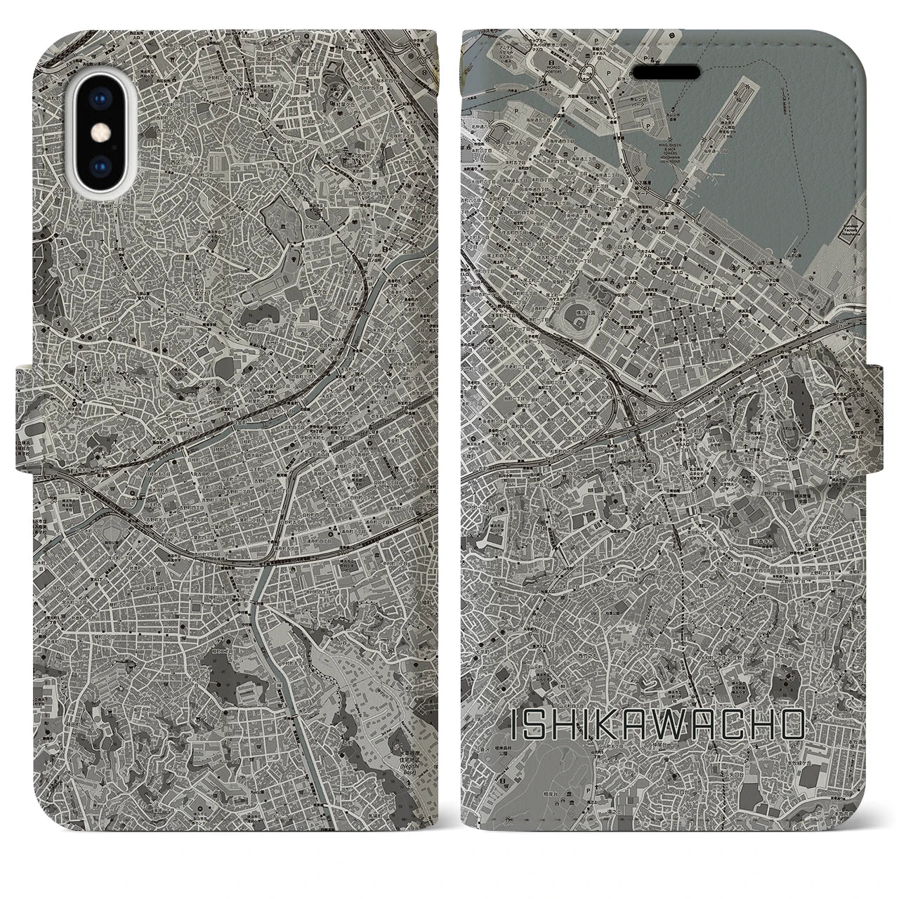 【石川町】地図柄iPhoneケース（手帳両面タイプ・モノトーン）iPhone XS Max 用
