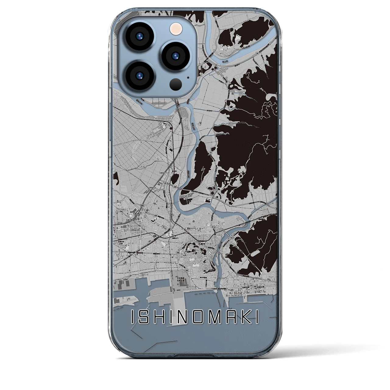 【石巻（宮城県）】地図柄iPhoneケース（クリアタイプ）モノトーン・iPhone 13 Pro Max 用