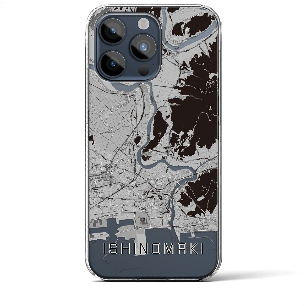 【石巻（宮城県）】地図柄iPhoneケース（クリアタイプ）モノトーン・iPhone 15 Pro Max 用