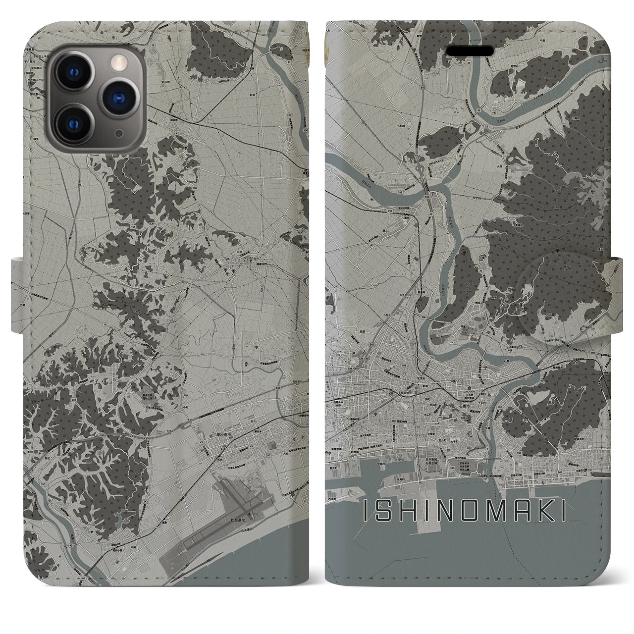 【石巻】地図柄iPhoneケース（手帳両面タイプ・モノトーン）iPhone 11 Pro Max 用