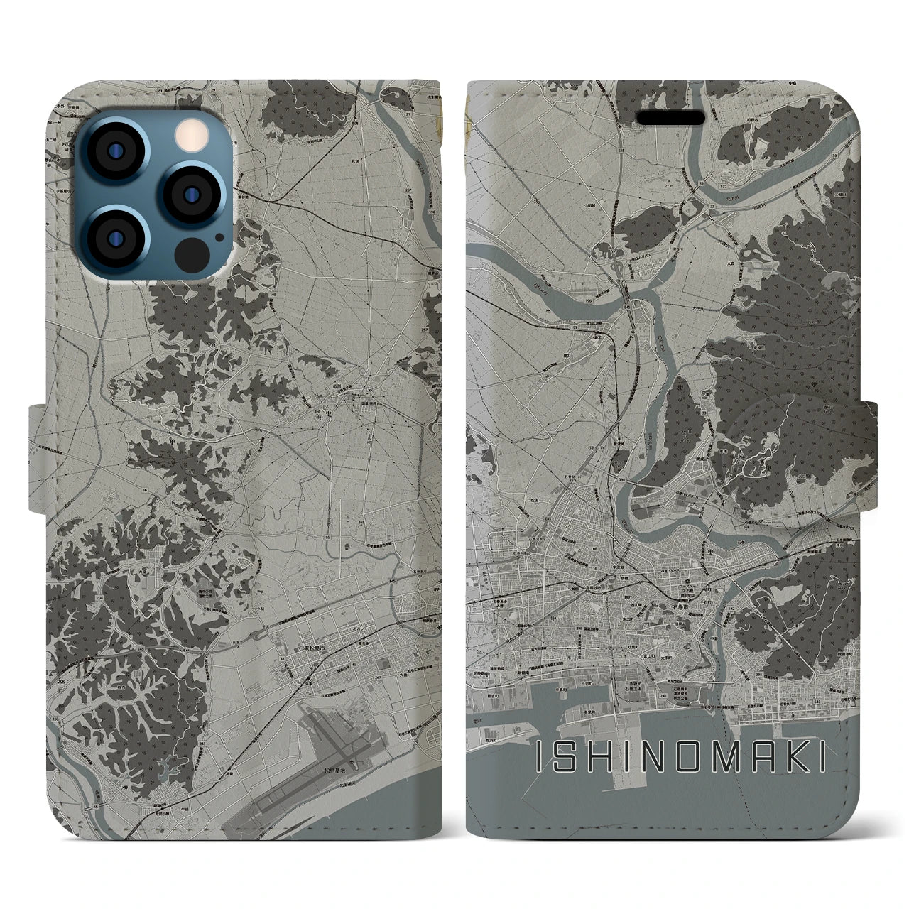 【石巻（宮城県）】地図柄iPhoneケース（手帳タイプ）モノトーン・iPhone 12 / 12 Pro 用