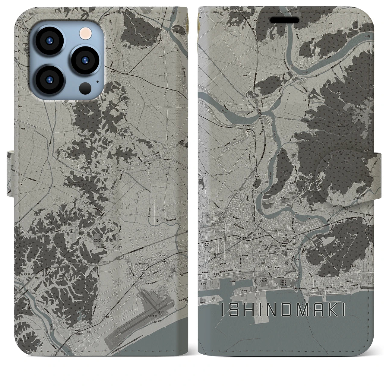 【石巻】地図柄iPhoneケース（手帳両面タイプ・モノトーン）iPhone 13 Pro Max 用