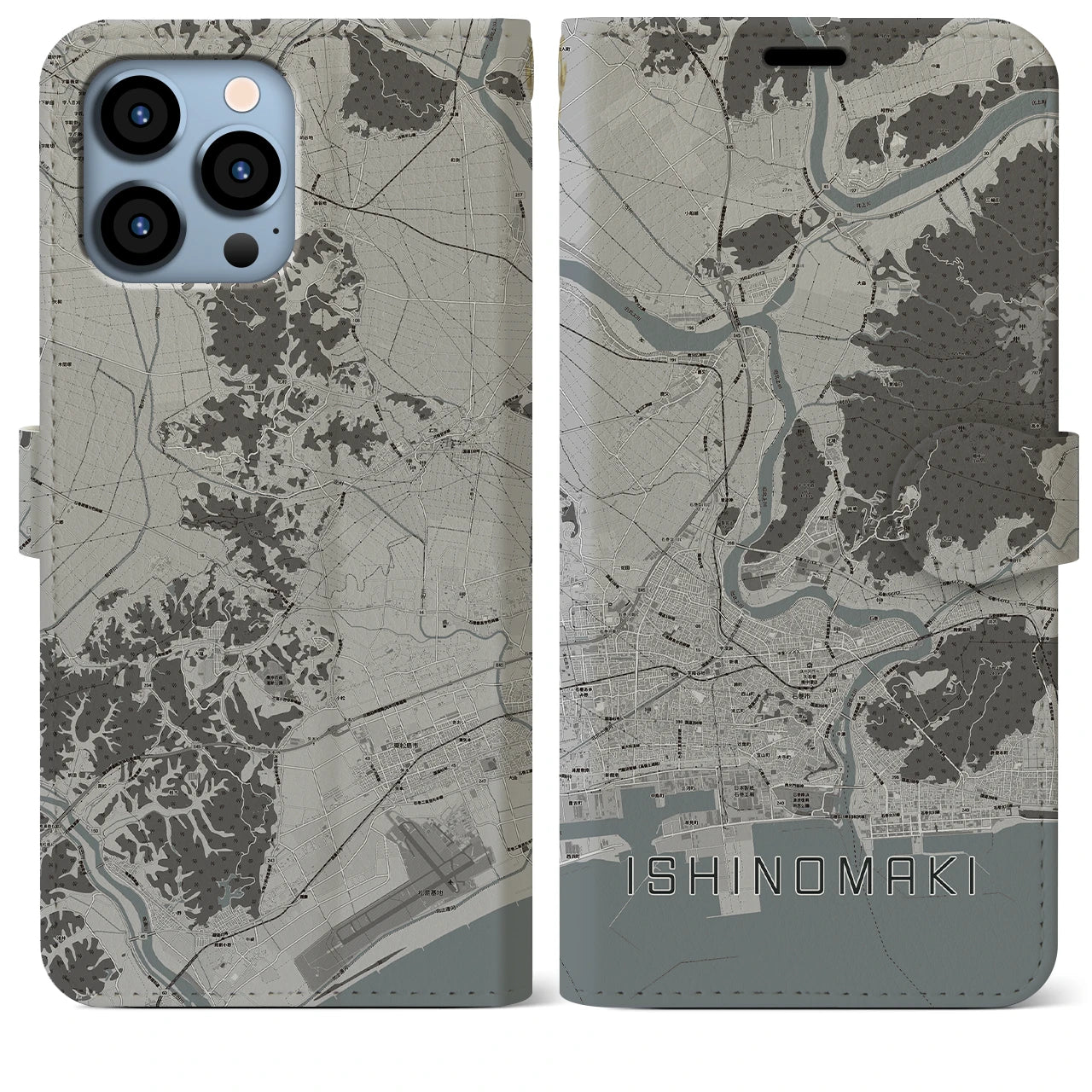 【石巻（宮城県）】地図柄iPhoneケース（手帳タイプ）モノトーン・iPhone 13 Pro Max 用