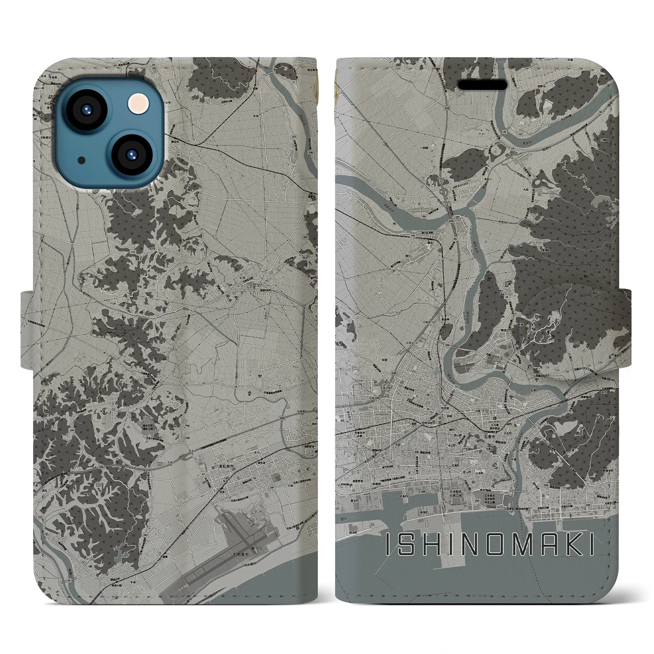 【石巻（宮城県）】地図柄iPhoneケース（手帳タイプ）モノトーン・iPhone 13 用