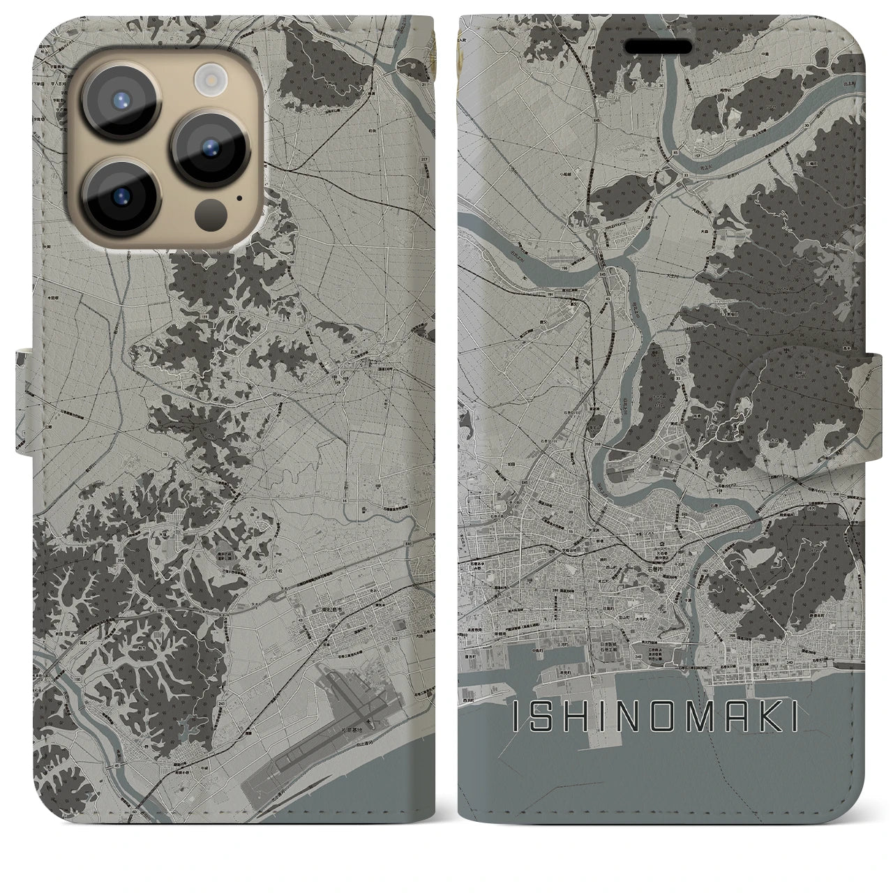 【石巻】地図柄iPhoneケース（手帳両面タイプ・モノトーン）iPhone 14 Pro Max 用