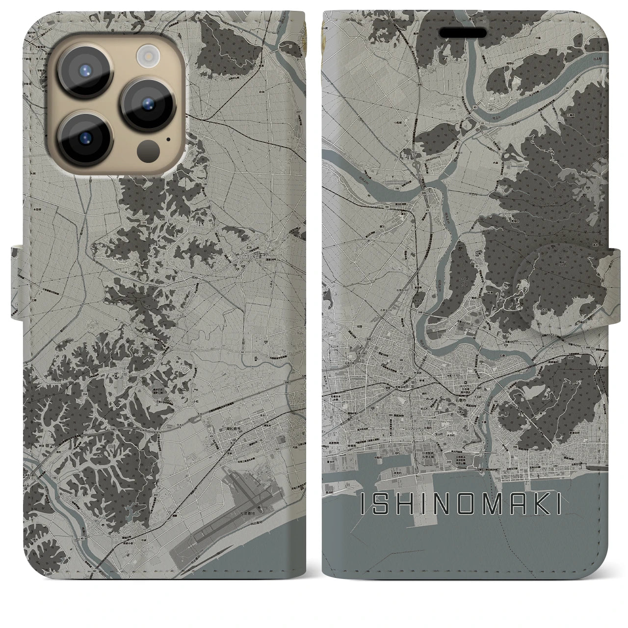 【石巻（宮城県）】地図柄iPhoneケース（手帳タイプ）モノトーン・iPhone 14 Pro Max 用