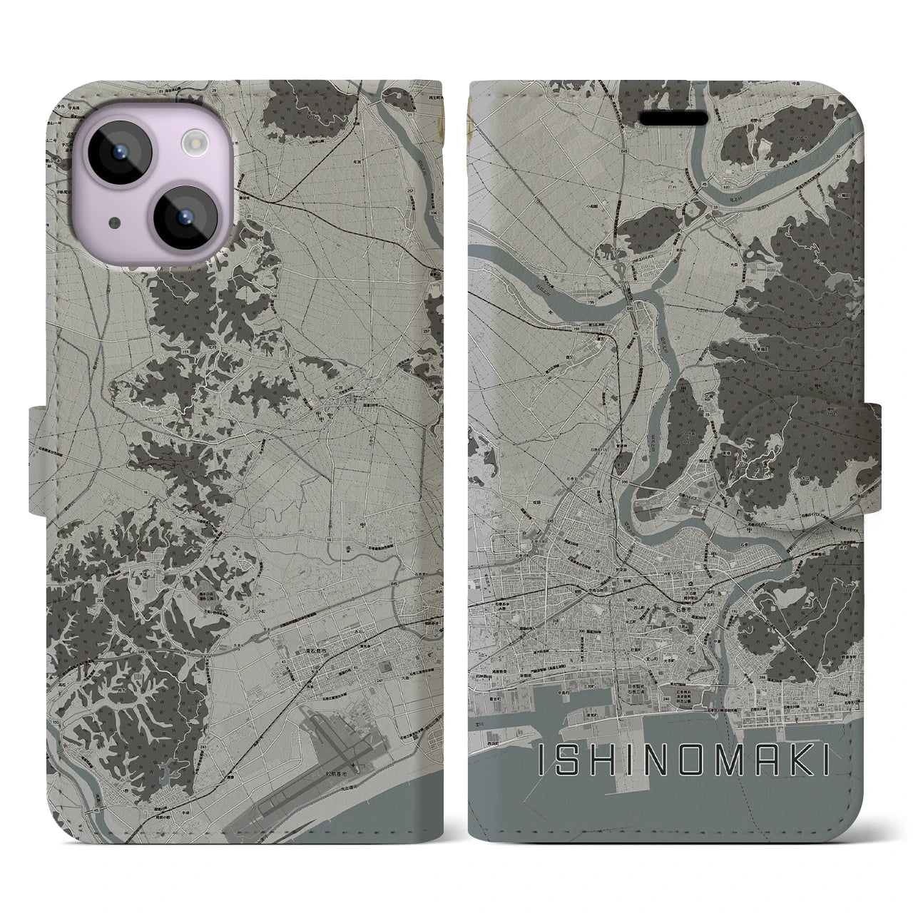 【石巻（宮城県）】地図柄iPhoneケース（手帳タイプ）モノトーン・iPhone 14 用