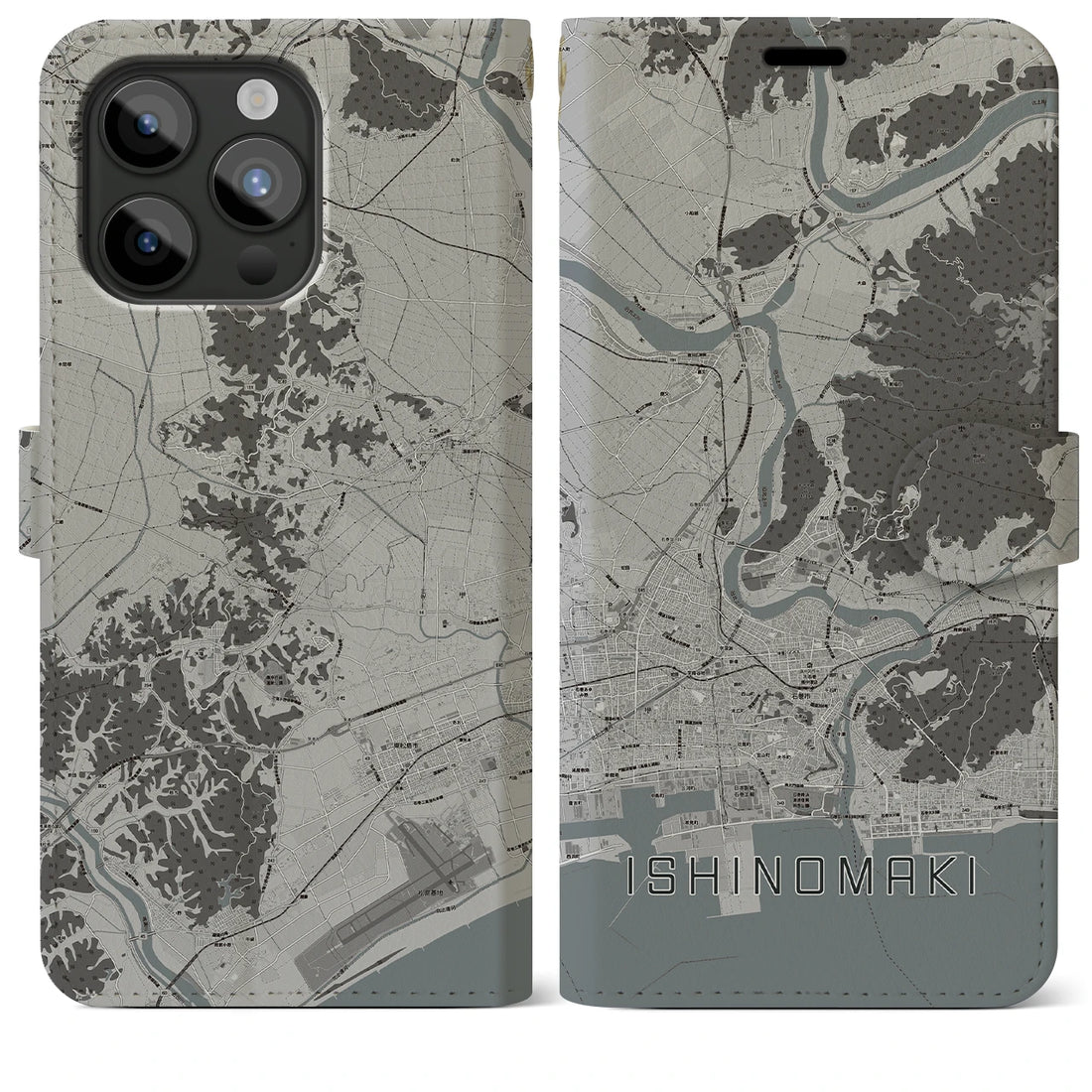 【石巻】地図柄iPhoneケース（手帳両面タイプ・モノトーン）iPhone 15 Pro Max 用