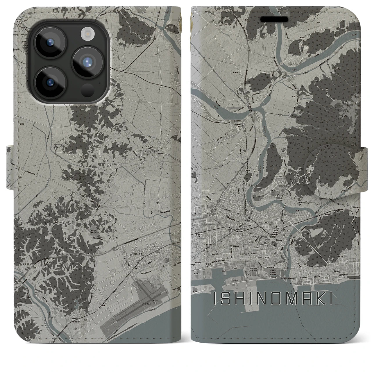 【石巻（宮城県）】地図柄iPhoneケース（手帳タイプ）モノトーン・iPhone 15 Pro Max 用