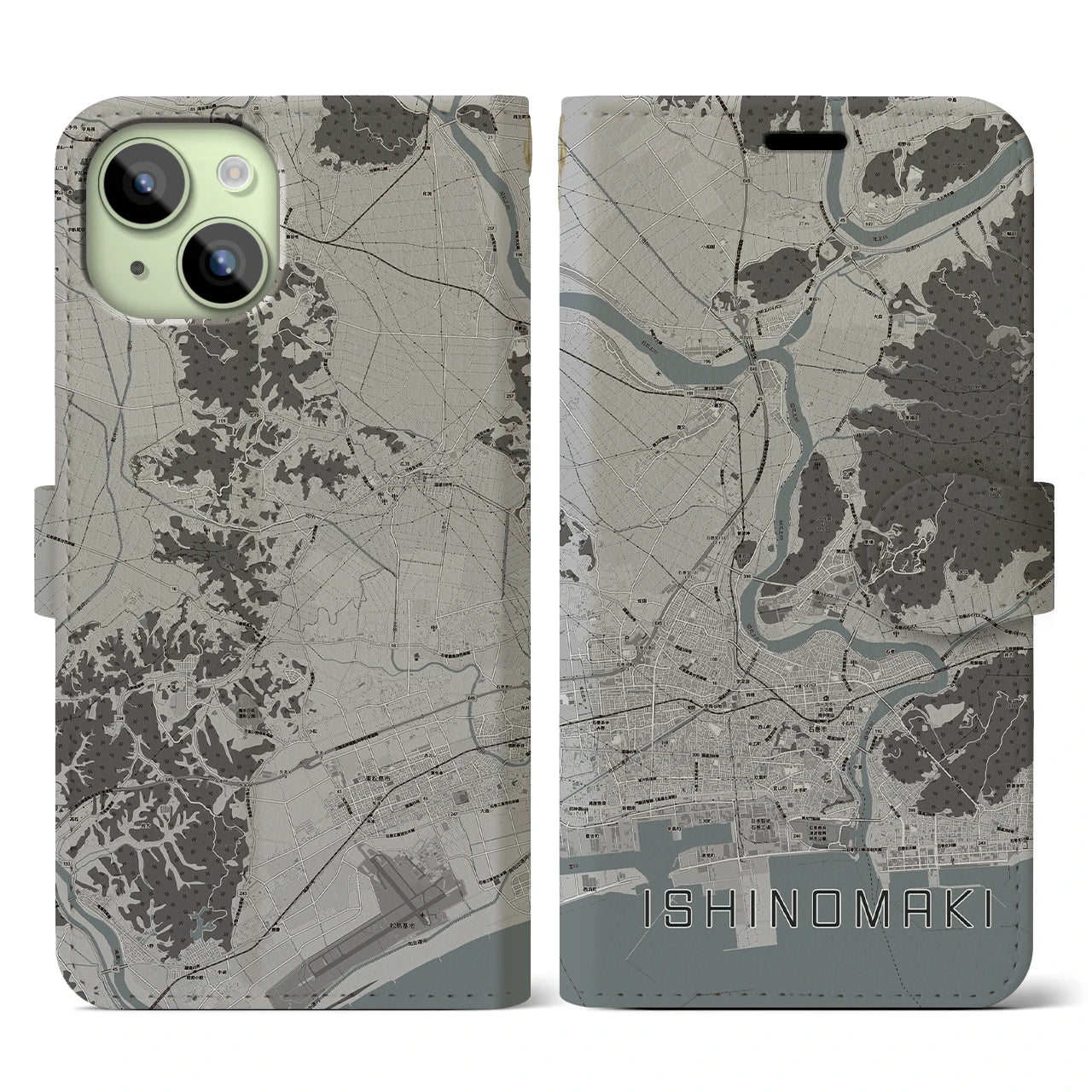 【石巻（宮城県）】地図柄iPhoneケース（手帳タイプ）モノトーン・iPhone 15 用