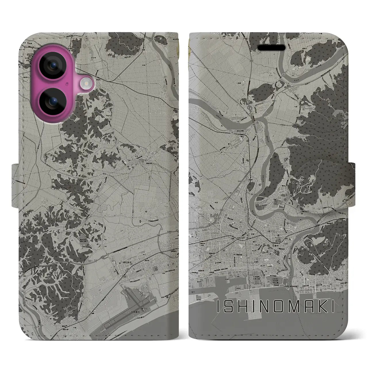 【石巻（宮城県）】地図柄iPhoneケース（手帳タイプ）モノトーン・iPhone 16 Pro 用