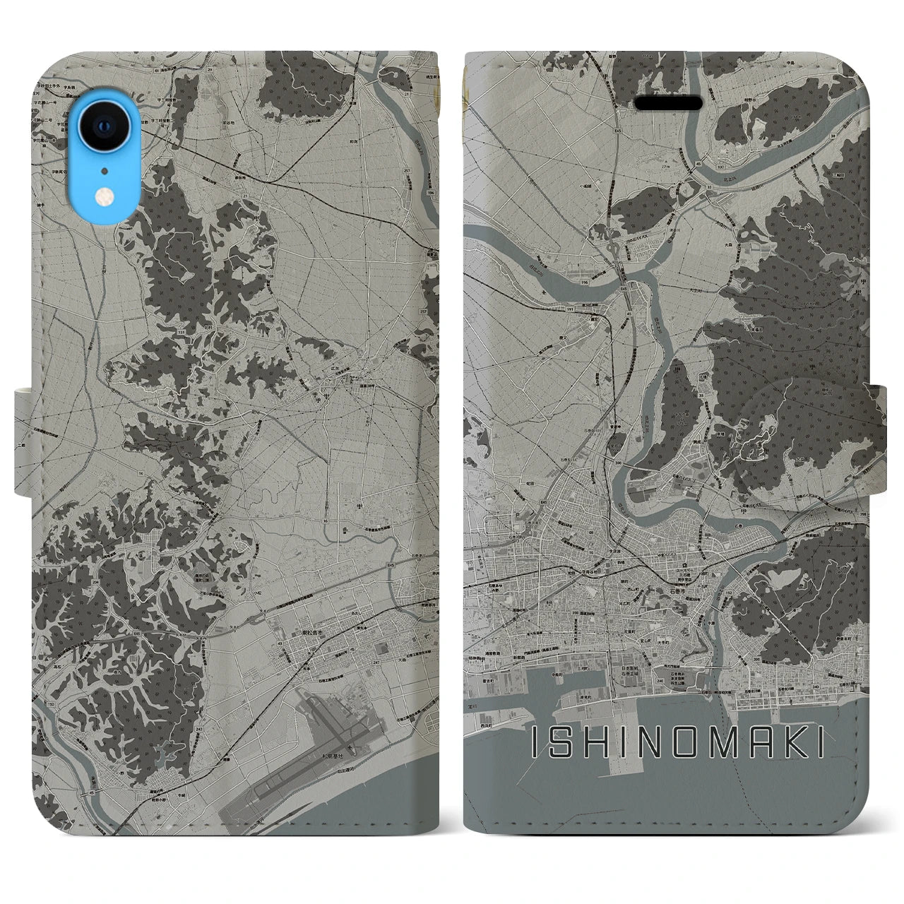 【石巻（宮城県）】地図柄iPhoneケース（手帳タイプ）モノトーン・iPhone XR 用
