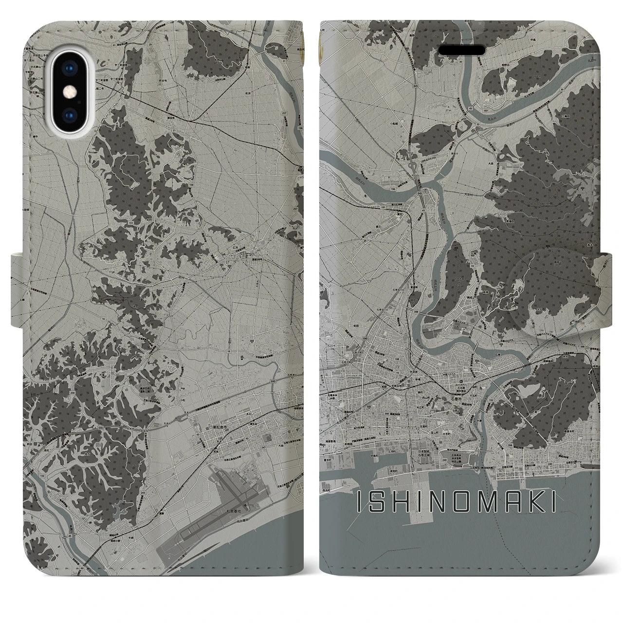 【石巻（宮城県）】地図柄iPhoneケース（手帳タイプ）モノトーン・iPhone XS Max 用