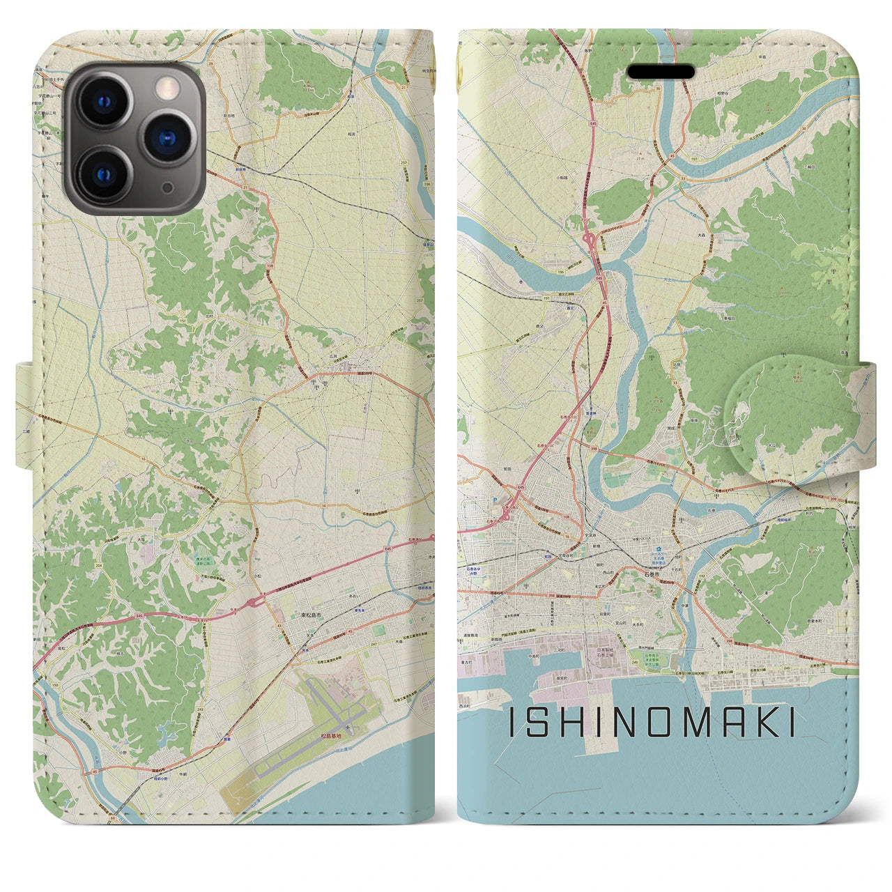 【石巻（宮城県）】地図柄iPhoneケース（手帳タイプ）ナチュラル・iPhone 11 Pro Max 用