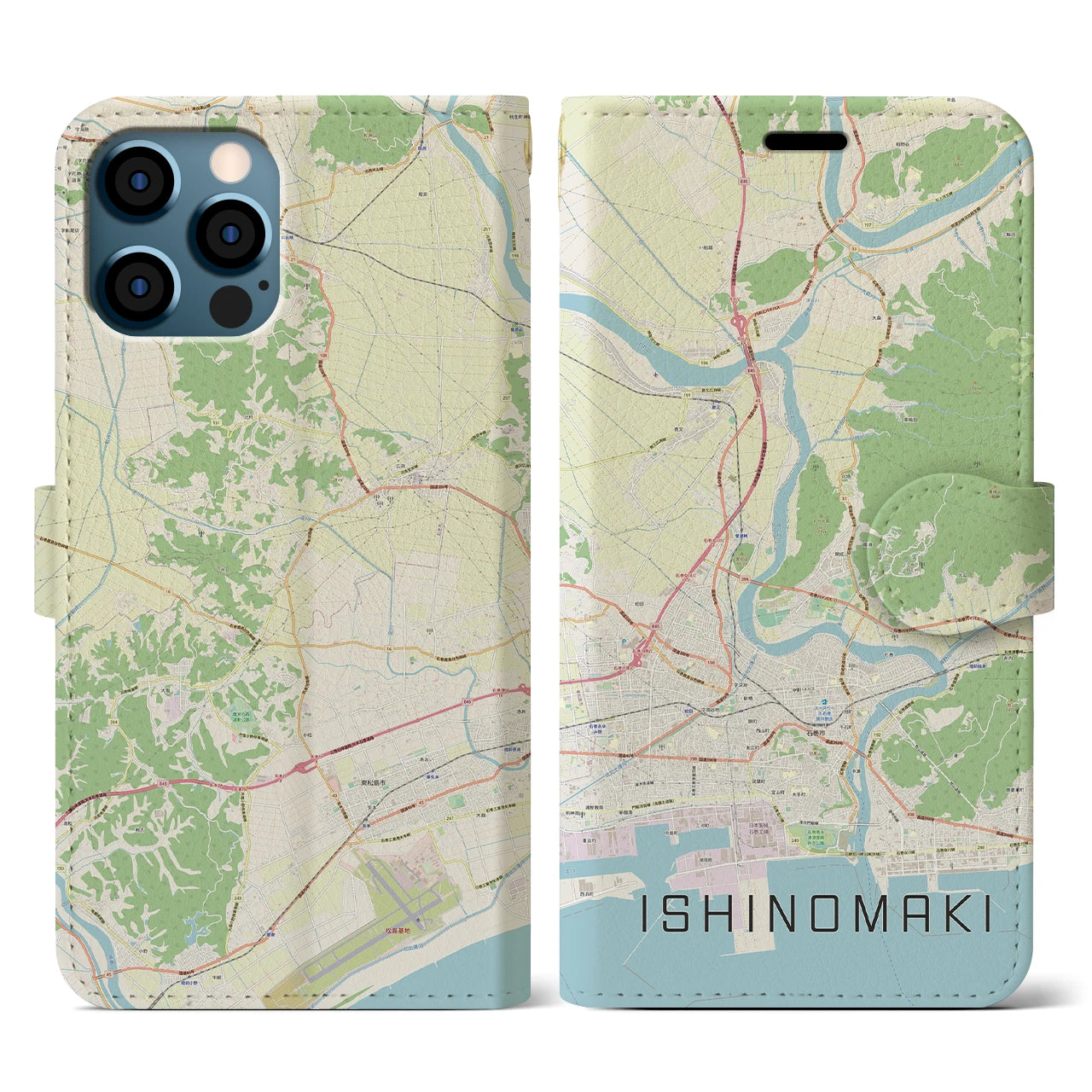 【石巻（宮城県）】地図柄iPhoneケース（手帳タイプ）ナチュラル・iPhone 12 / 12 Pro 用