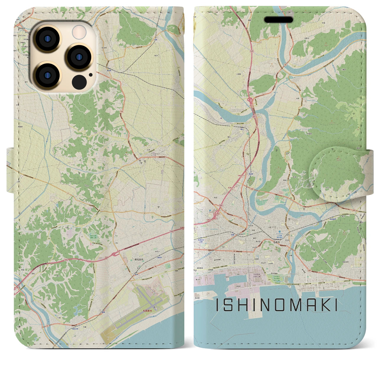 【石巻（宮城県）】地図柄iPhoneケース（手帳タイプ）ナチュラル・iPhone 12 Pro Max 用