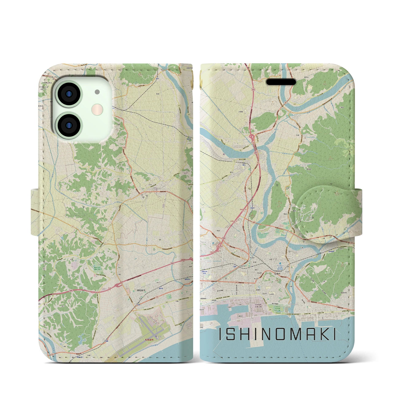 【石巻（宮城県）】地図柄iPhoneケース（手帳タイプ）ナチュラル・iPhone 12 mini 用