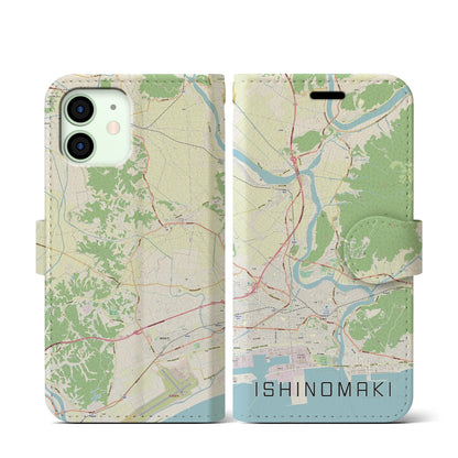 【石巻（宮城県）】地図柄iPhoneケース（手帳タイプ）ナチュラル・iPhone 12 mini 用