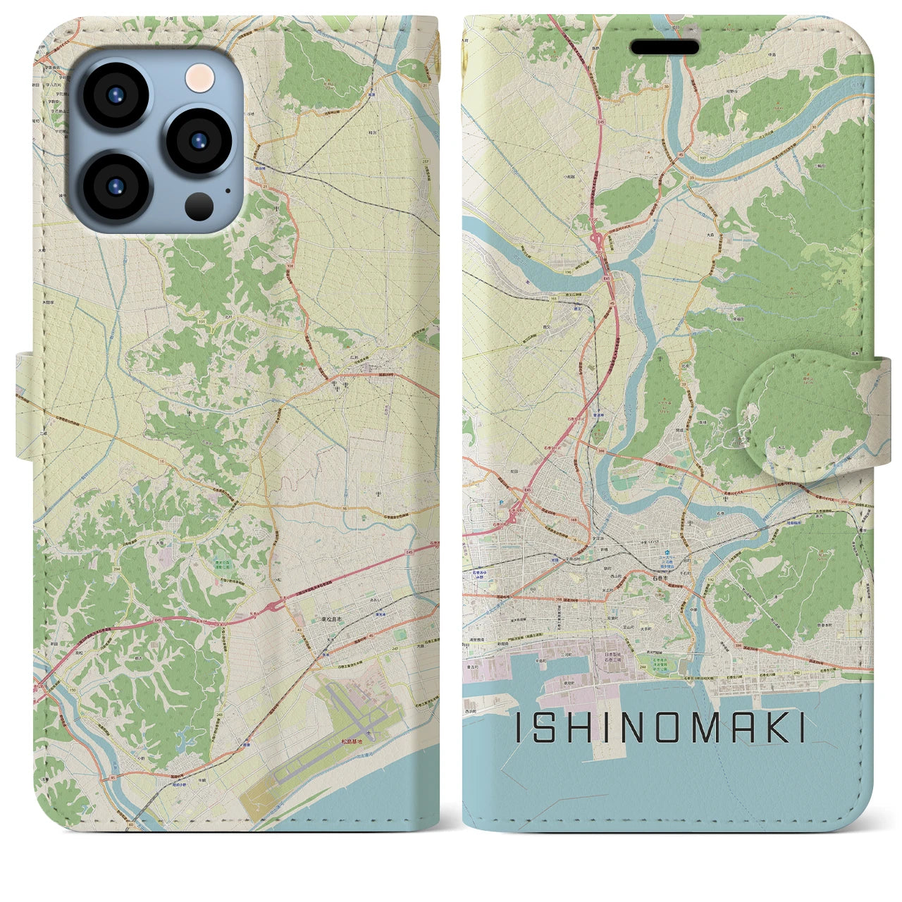 【石巻（宮城県）】地図柄iPhoneケース（手帳タイプ）ナチュラル・iPhone 13 Pro Max 用