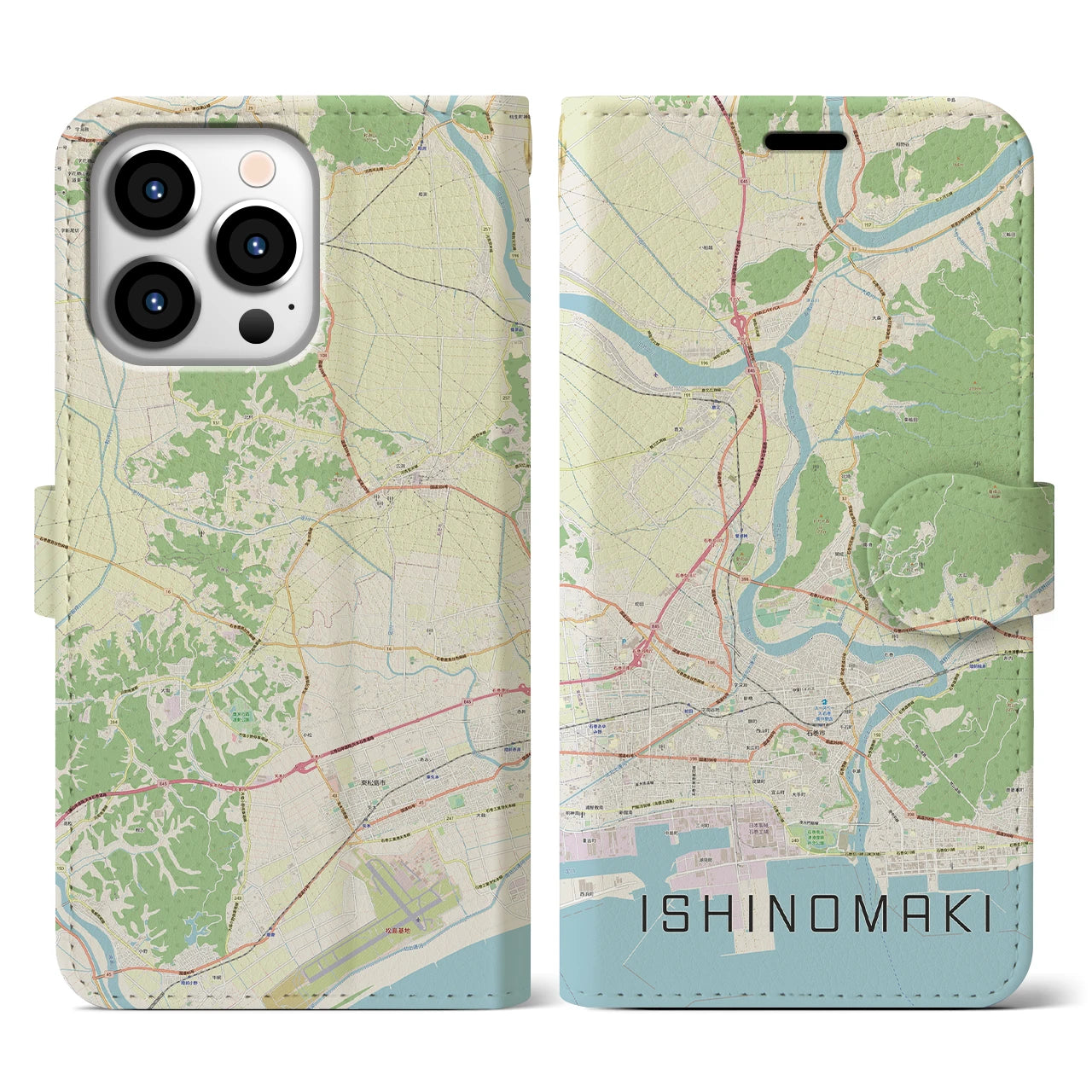 【石巻（宮城県）】地図柄iPhoneケース（手帳タイプ）ナチュラル・iPhone 13 Pro 用