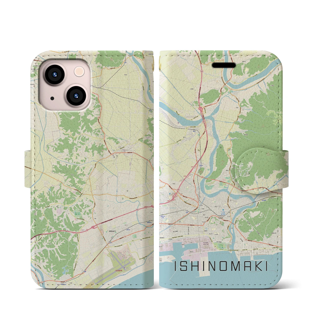 【石巻（宮城県）】地図柄iPhoneケース（手帳タイプ）ナチュラル・iPhone 13 mini 用