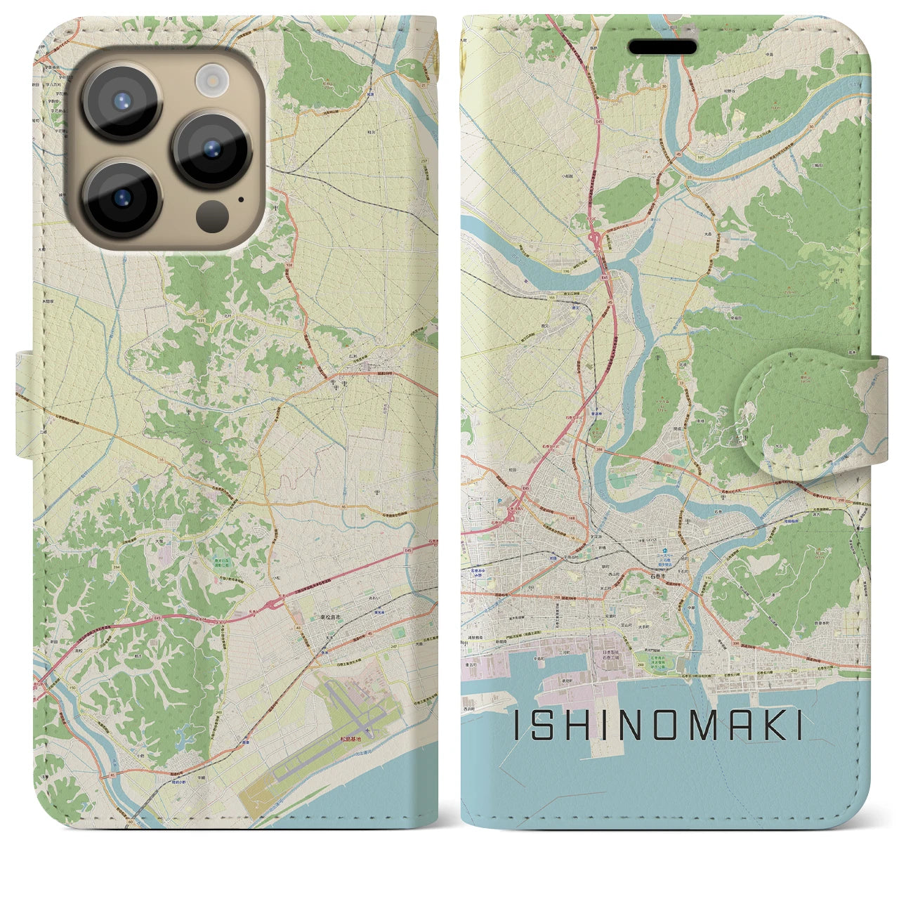 【石巻（宮城県）】地図柄iPhoneケース（手帳タイプ）ナチュラル・iPhone 14 Pro Max 用